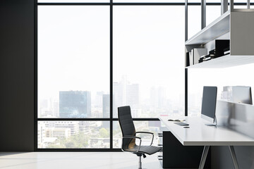 Modern office interior with desk, chair, and computer, contemporary style, urban skyline background, concept of workplace. 3D Rendering