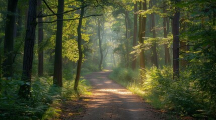 Fototapeta premium A serene forest path with sunlight filtering through the trees