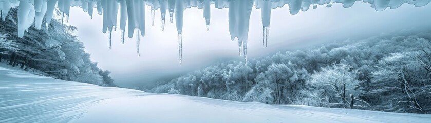 Serene winter landscape with large hanging icicles and snow-covered trees, creating a peaceful and cold atmosphere.