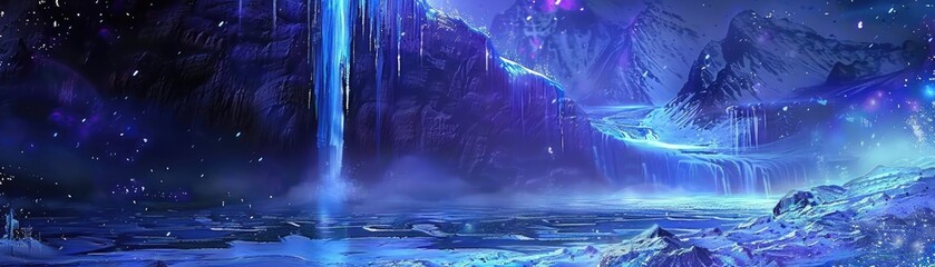 A breathtaking, fantasy landscape featuring a cascading waterfall, ethereal mountains, and a serene night sky with glowing stars.