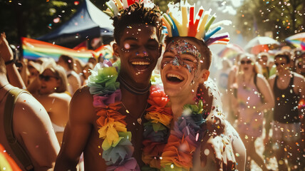 A young male couple is enjoying the Pride Festival among the crowd.