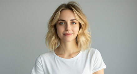 Fototapeta premium Portrait of blonde woman with shoulder length hair