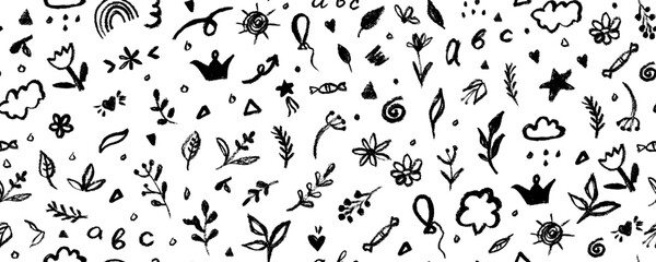 Seamless pattern with hand-drawn flowers in doodle style. Seamless botanical pattern monochrome modern collage of doodles of various flowers, twigs, freehand ink sketch. 