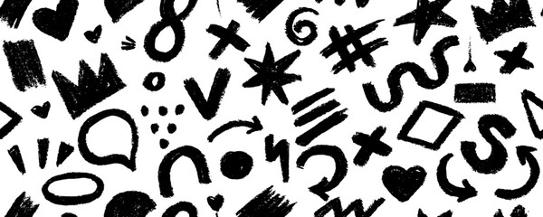 Charcoal graffiti doodle punk and girly shapes collection. Hand drawn abstract scribbles and squiggles, creative various shapes, pencil drawn icons. Scribbles, scrawls, stars, crown, curly lines.
