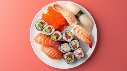 A white round plate with suchi, whole and sliced. On a light pink background