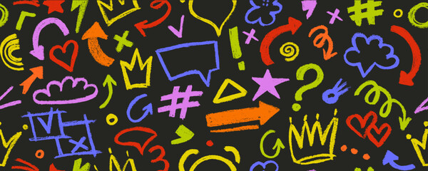 Multicolored graffiti doodle punk and girly shapes collection. Hand drawn abstract scribbles and squiggles, creative various shapes, colorful pencil drawn icons. Scribbles, scrawls, stars, crown, curl