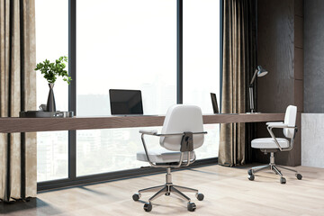 Modern office interior with desk, chairs, and city view, plain style, cityscape background, concept of workplace. 3D Rendering