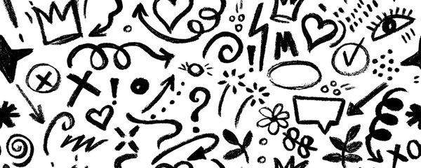 Vector seamless pattern  with charcoal graffiti doodle punk and girly shapes  Hand drawn abstract scribbles and squiggles, creative various shapes, pencil drawn icons. Scribbles, scrawls, stars, crown