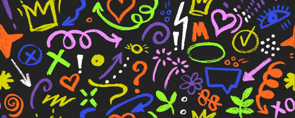 Vector seamless pattern  with colorful graffiti doodle punk and girly shapes  Hand drawn abstract scribbles and squiggles, creative various shapes, pencil drawn icons. Scribbles, scrawls, stars, crown