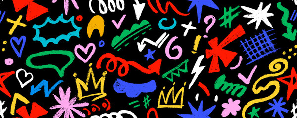 Vector seamless pattern  with colorful graffiti doodle punk and girly shapes  Hand drawn abstract scribbles and squiggles, creative various shapes, pencil drawn icons. Scribbles, scrawls, stars, crown