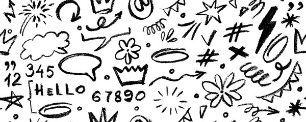 Vector seamless pattern  with charcoal graffiti doodle punk and girly shapes  Hand drawn abstract scribbles and squiggles, creative various shapes, pencil drawn icons. 
