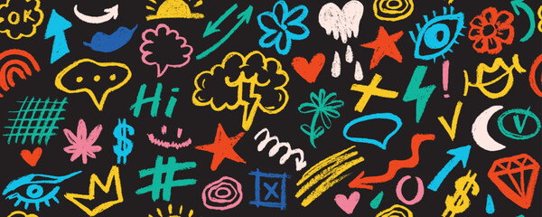 Fun colorful line doodle seamless pattern. Creative comic style art background, trendy design with scribble shapes on black backdrop.