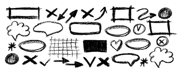 Black highlighter marker lines, scribble , rectangles and  oval frames, underline arrows, cross and check symbol. Highlighter oval frame and hand drawn doodles vector set