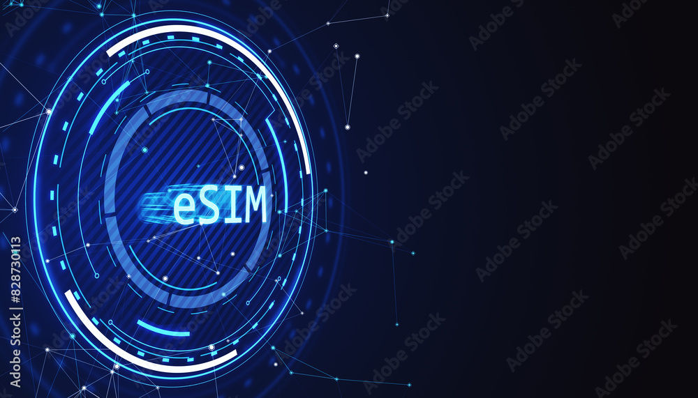 Poster A digital illustration with eSIM text, circuit patterns and connected dots on a dark blue background, conveying a tech concept. 3D Rendering