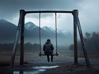 Sad Man on Rusty Swing Under Brooding Sky Haze Mountains View