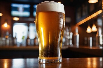 A cold glass of beer in a bar against a blurred background with copy space, warm and relaxed atmosphere. International Beer Day Concept