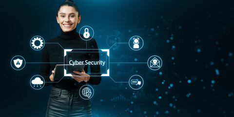 A woman interacting with futuristic cyber security interface, digital graphic icons on a dark blue background, concept of online protection