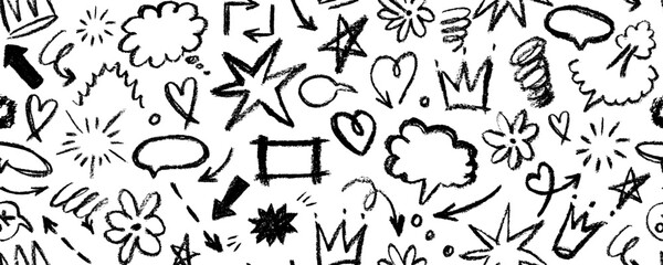 Set of fun childish line doodles. Brush drawn hearts, eyes, diamonds, crown, flowers, arrows and squiggles. Sketch style hand drawn icons for collages, decoration, ads, prints, branding.