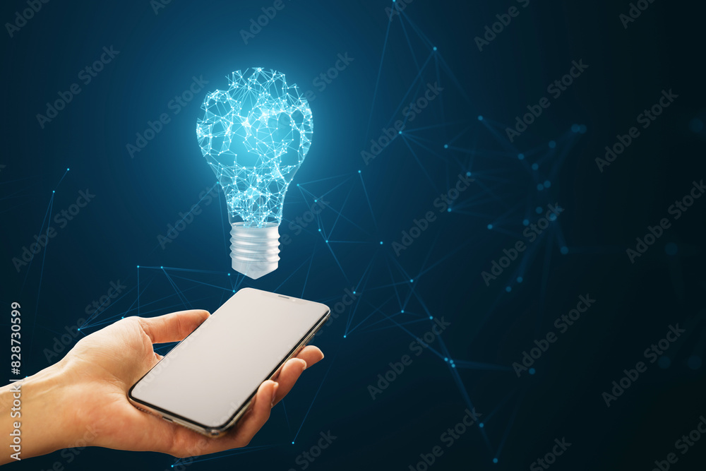 Poster a person holding a smartphone with a digital lightbulb concept above it on a blue background, denoti