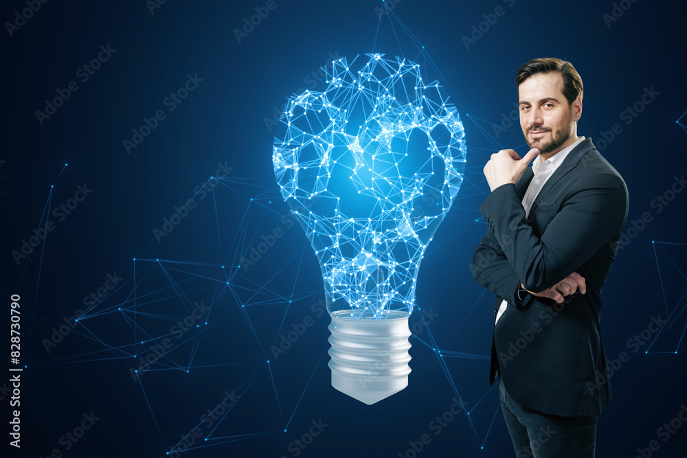 Poster a man in a suit stands confidently next to a digital light bulb idea concept on a blue digital netwo