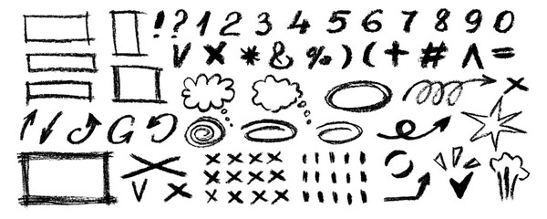Black highlighter marker lines, scribble , rectangles and  oval frames, underline arrows, cross and check symbol. Highlighter oval frame and hand drawn doodles vector set.