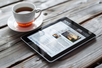 Fictional news website displayed on digital tablet with inventive stories for online browsing - Powered by Adobe