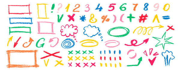 Multi colored highlighter marker lines, scribble , rectangles and  oval frames, underline arrows, cross and check symbol.