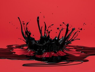 Dynamic Black Ink Splash Against Vibrant Red Background