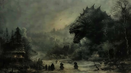 Medieval Town Under Attack by a Fearsome Creature Generative AI