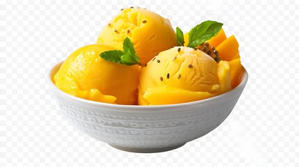 Refreshing mango passion fruit sorbet ice cream in a bowl on solid transparent background