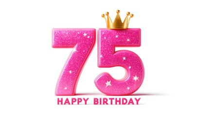75th Birthday Graphic with Pink Glitter, Yellow Crown, and 3D 'Happy Birthday' Text