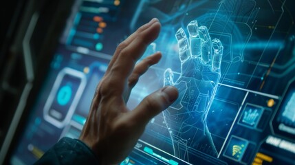 Digital Connection Human Hand Touching Holographic Profile Interface for Selection and Approval Technology Communication Choice Concept