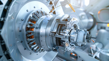 Fototapeta premium close up of an engine of an wind turbine, isolated, engine, white, metal, motor, equipment, tool, electric, machine, reel, object, technology, industry, part, drill, rod, light, wind turbine, eco