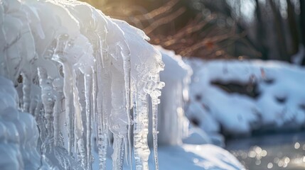 Close-up of stunning icicles with sunlight sparkling through, creating a serene winter scene near a frozen river.