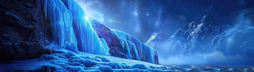 Enchanting winter landscape with majestic frozen waterfall under the night sky with stars. Serene icy beauty captured in mystical scene.