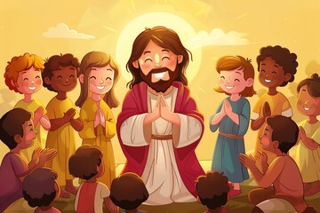 Jesus lovingly interacting with children. Ideal for themes of faith, love, and compassion in religious and inspirational designs.