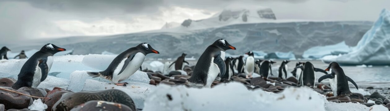 A group of penguins on rocky terrain surrounded by icebergs and snow in an overcast Antarctic environment, showcasing wildlife in their natural habitat.
