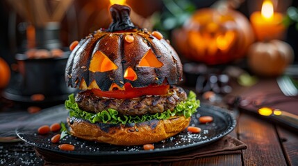 Creative Halloween burger shaped like a jack-o-lantern, served on a plate with eerie garnishes and themed tableware