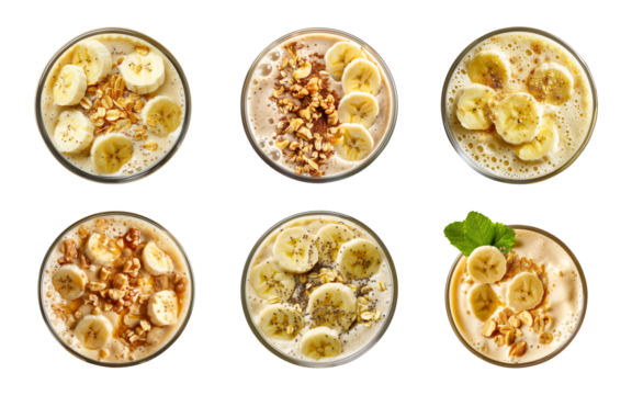 Collection glass of tasty banana smoothie or milkshake with topping isolated on a transparent background, top view, PNG