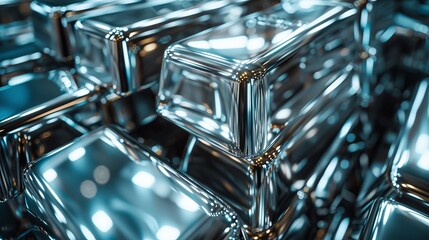 Close-up shot of silver bars piled high, their shiny surfaces creating a dazzling spectacle of luxury and skill