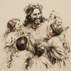 Jesus lovingly interacting with children. Ideal for themes of faith, love, and compassion in religious and inspirational designs.
