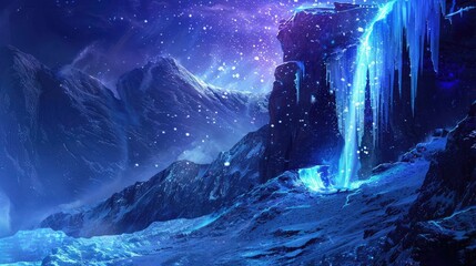 A breathtaking, fantasy-inspired winter landscape featuring icy mountains, a cascading frozen waterfall, and a starry night sky.