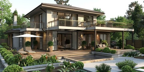 Fototapeta premium Modern Luxury Villa with Panoramic Windows and Pool