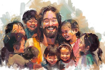 Jesus lovingly interacting with children. Ideal for themes of faith, love, and compassion in religious and inspirational designs.