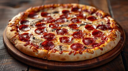 classic italian pizza with a thin crust, topped with pepperoni, mushrooms, and melted cheese, displayed on a wooden pizza peel for that authentic pizzeria feel