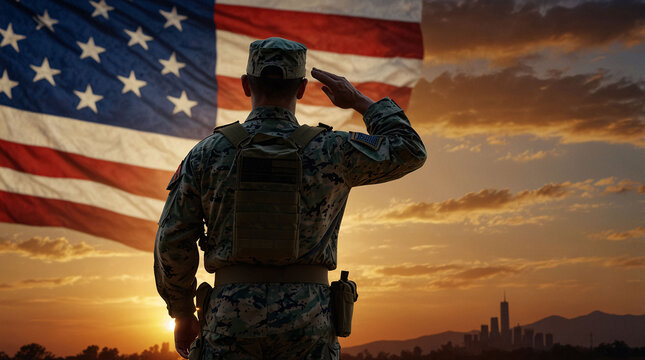 USA army soldiers saluting on a background of sunset or sunrise and USA flag, back view picture, usa army with flag, usa flag background