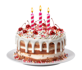 Delicious birthday cake with candles, cut out