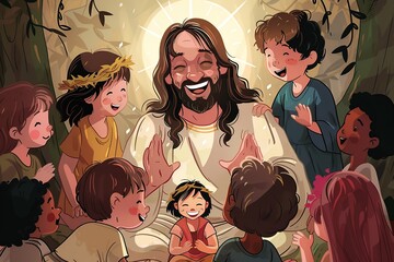 Jesus lovingly interacting with children. Ideal for themes of faith, love, and compassion in religious and inspirational designs.