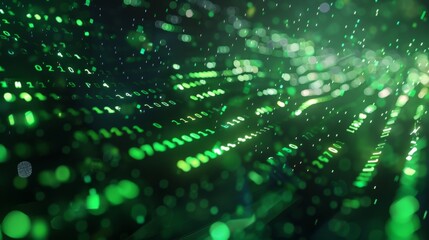 Binary code streaming across a dark background with glowing green numbers