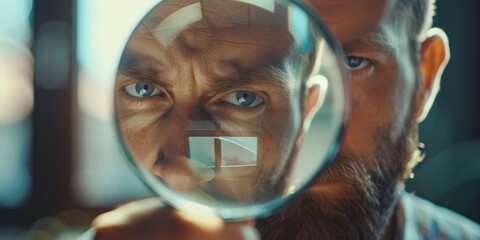 Businessman looking through a magnifying glass, searching, monitoring the situation, Generative AI.